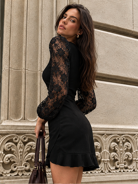 Lace-trimmed Puff Sleeves Ruffled Cross Hem Midi Dresses