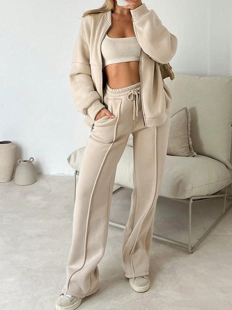 Sporty Style Long-sleeved Jacket Solid Color Trousers Two-piece Set