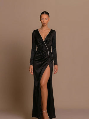 Satin V-neck Pearl Long-sleeved High-slit Maxi Dress