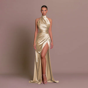 Halter Stand Collar Sleeveless Slit Formal Dress Parties Maxi Dresses