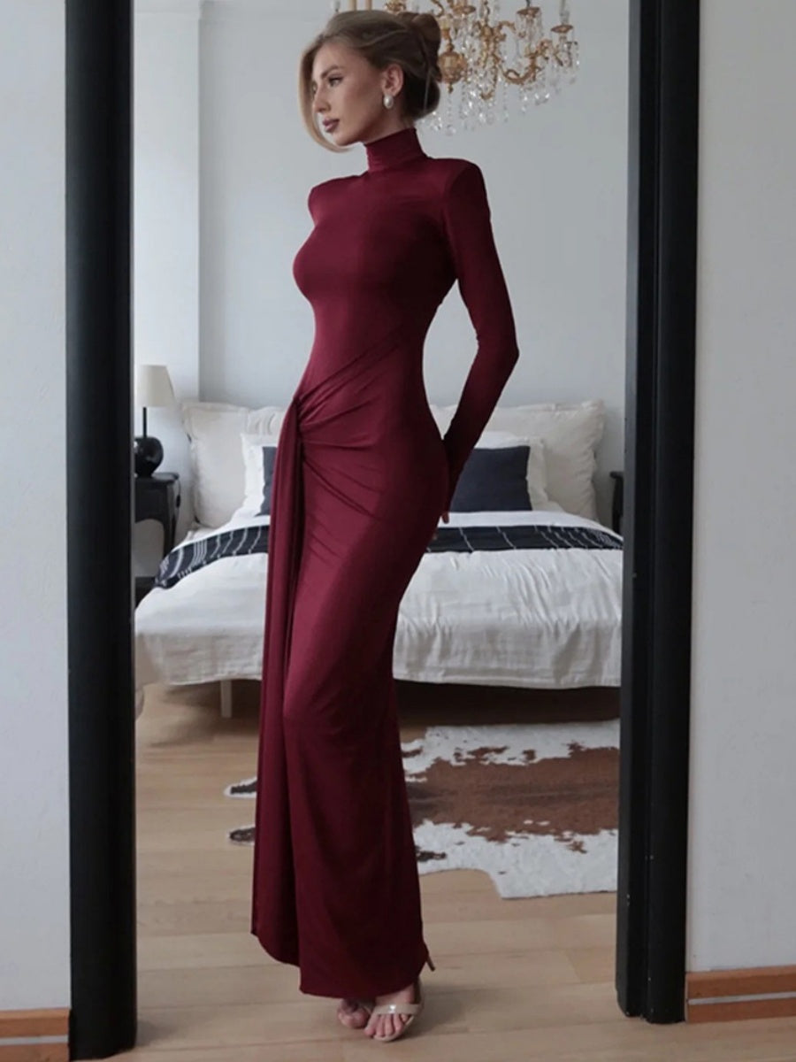 High-neck Long-sleeved Bandage Waist Sexy Grace Hip-hugging Cocktail Maxi Dress