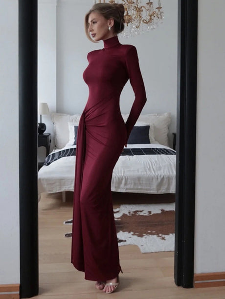 High-neck Long-sleeved Bandage Waist Sexy Grace Hip-hugging Cocktail Maxi Dress
