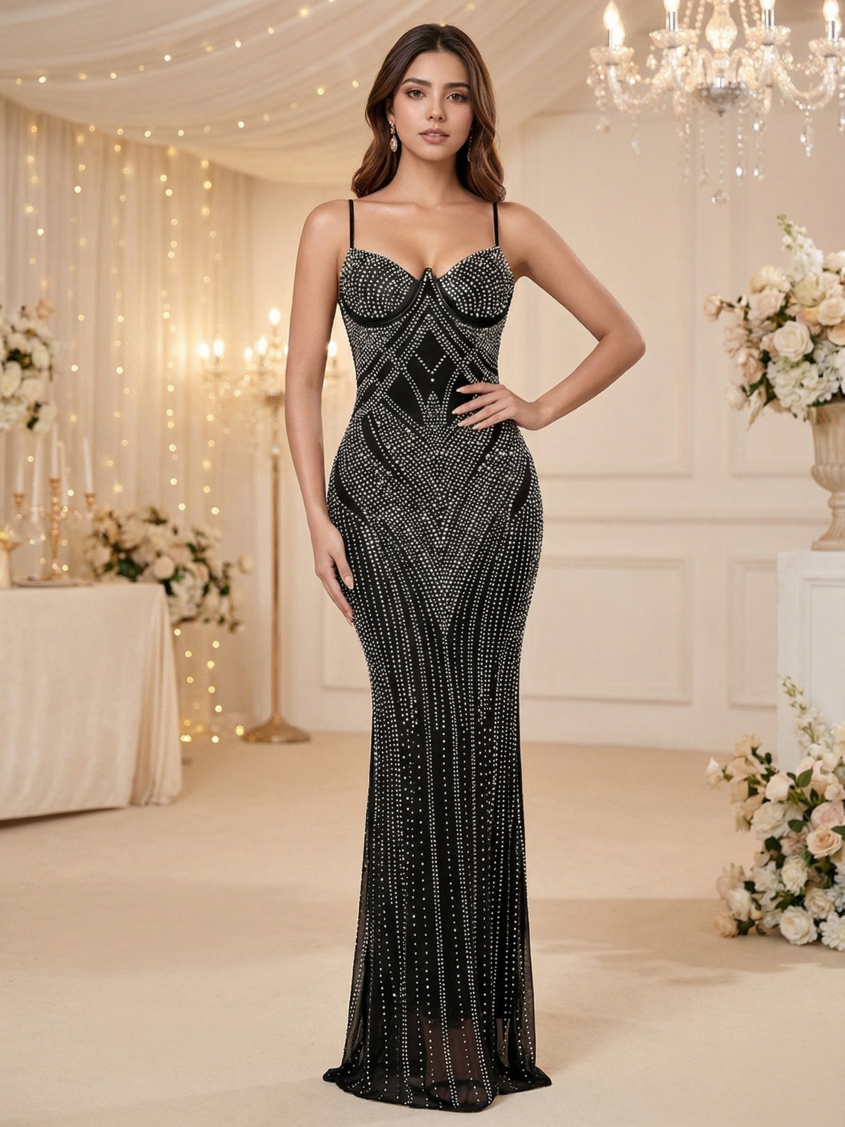 Sleeveless Bodycon Rhinestone Suspenders Slim-fit Party Shiny Maxi Dresses