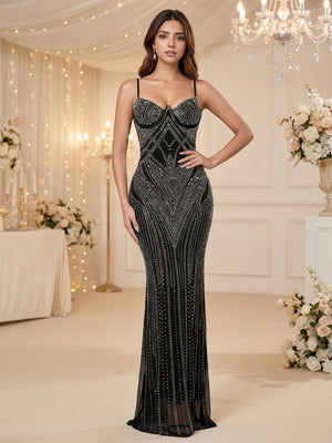 Sleeveless Bodycon Rhinestone Suspenders Slim-fit Party Shiny Maxi Dresses