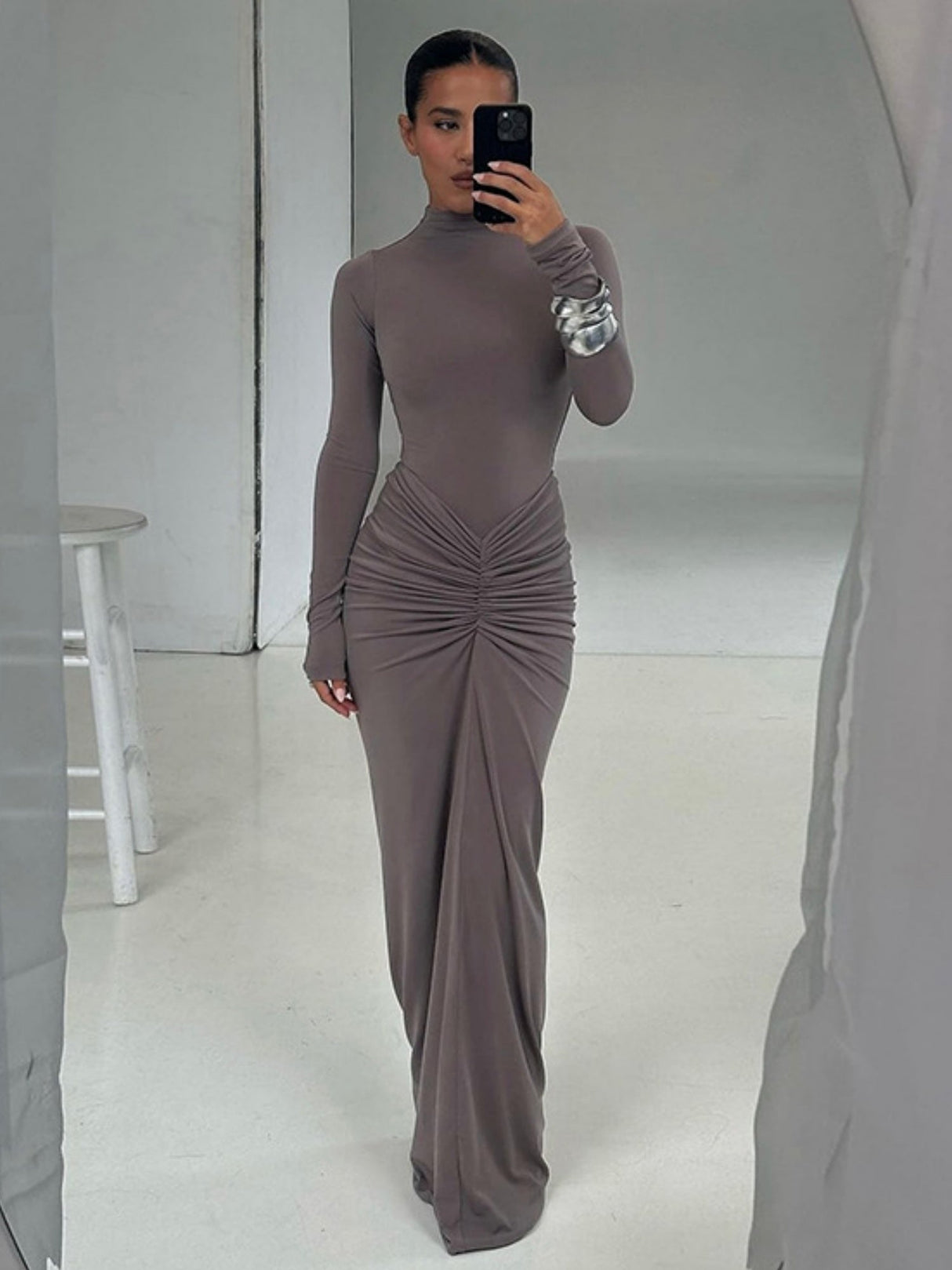 Pleated Splicing Sexy Waist Slimming Solid Color Long Skirt Temperament Dress For Women