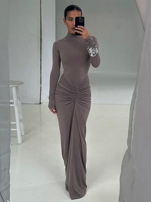 Pleated Splicing Sexy Waist Slimming Solid Color Long Skirt Temperament Dress For Women