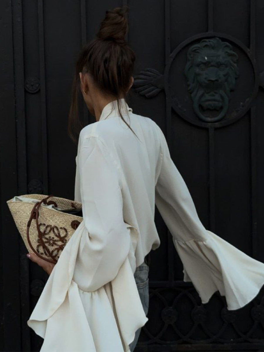 Elegant And Stylish Autumn New Style Ribbon Shirt With Ruffled Bell Sleeves