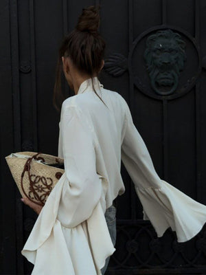 Elegant And Stylish Autumn New Style Ribbon Shirt With Ruffled Bell Sleeves