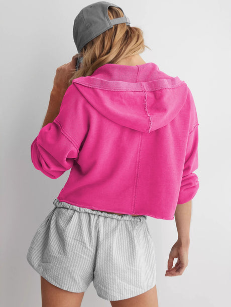 Women's Autumn/Winter Solid Color V-Neck Frayed Edge Long Sleeve Short Hooded Sweatshirt