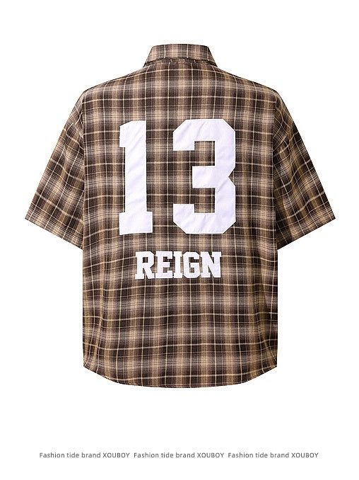 Retro Rivet Letter Embroidery Plaid Shirts
