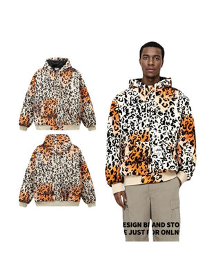 Embroidered Leopard Print Loose Cotton Keep Warm Hooded Jacket