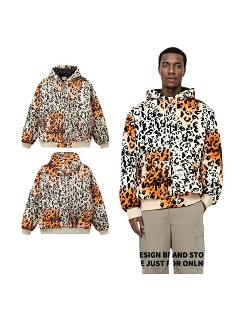 Embroidered Leopard Print Loose Cotton Keep Warm Hooded Jacket