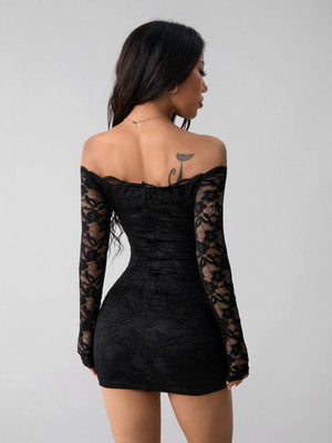 Bodycon Lace Off-shoulder Top Long Sleeve Slim Fit Sexy Short Dress For Cocktail Party