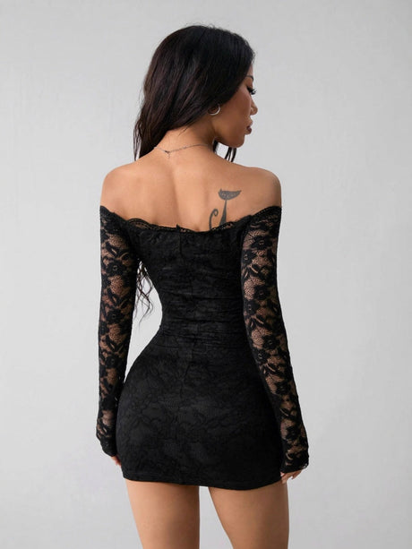 Bodycon Lace Off-shoulder Top Long Sleeve Slim Fit Sexy Short Dress For Cocktail Party