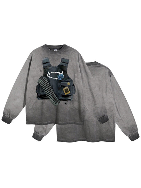 Direct Inkjet Printing Distressed Edge Vintage Style Stir-fry Color Long-sleeved T-shirt