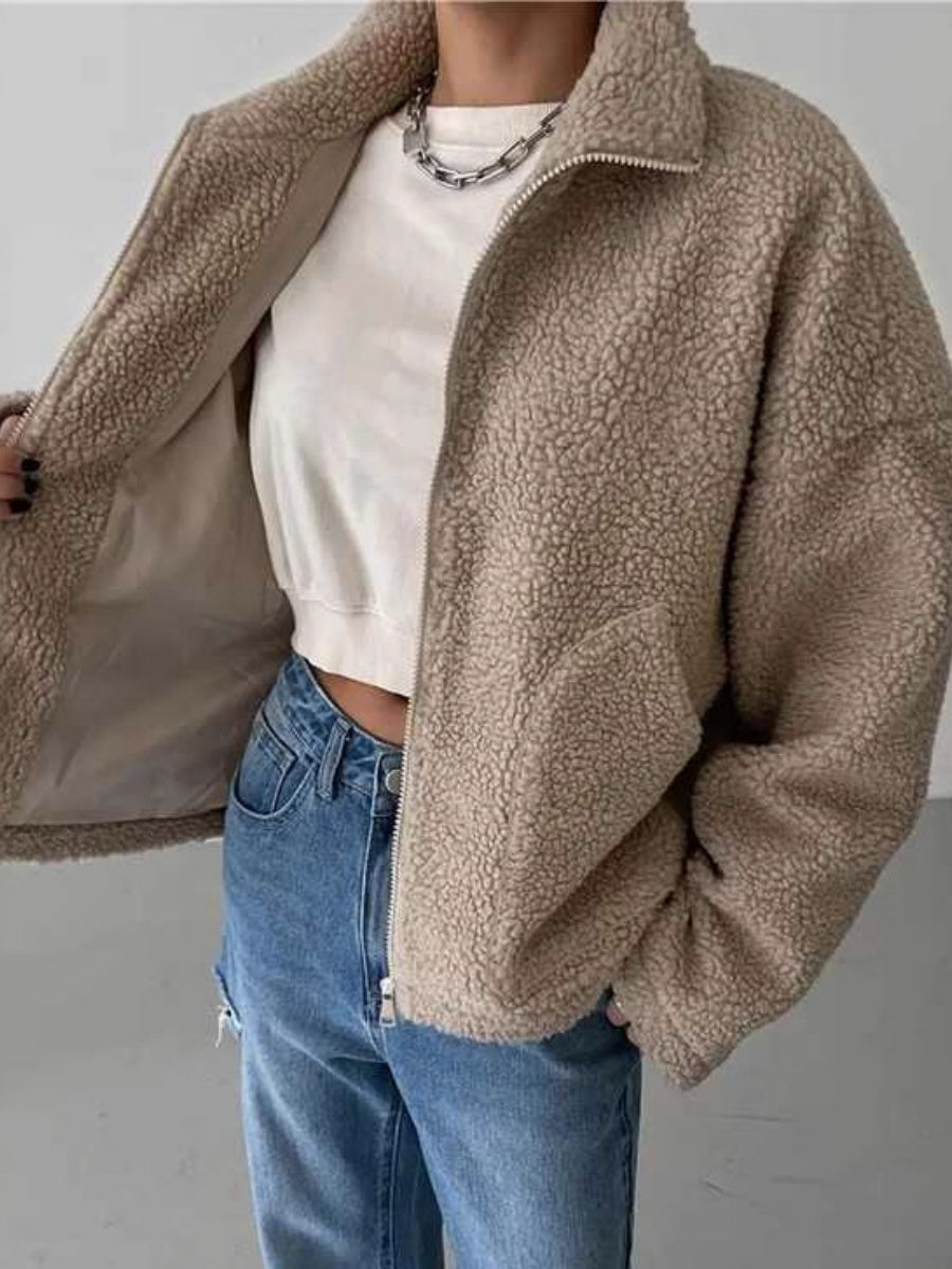 Leisure Long Sleeve Stand Collar Zipper Pocket Lambswool Jackets