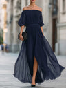 Off Shoulder Elegant Pleats Solid Color Slit Maxi Dresses