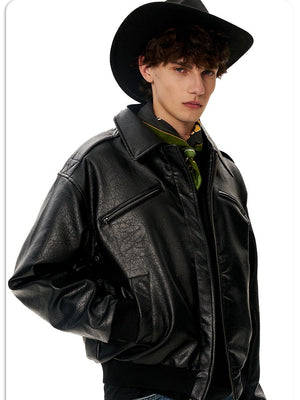 Retro Black PU Locomotive Short And Wide Boxy Jackets