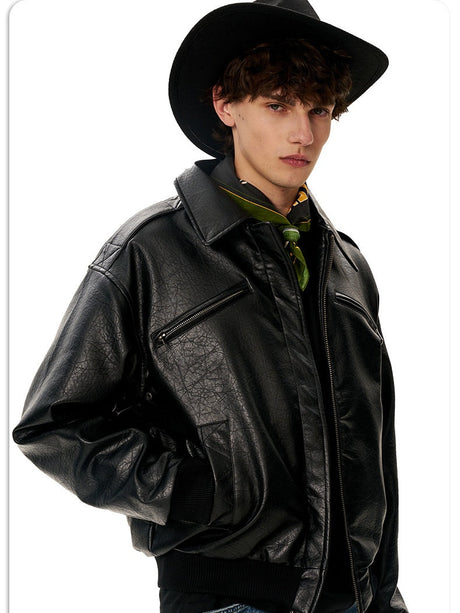 Retro Black PU Locomotive Short And Wide Boxy Jackets