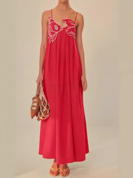 Fish-shaped 3D Embroidered Strapless Pleated Spaghetti Strap Long Dress