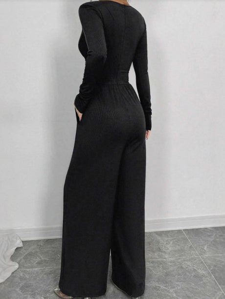 Deep V Solid Color Ribbed Sexy Slim Waist Elegant Jumpsuit