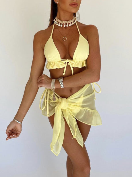 Mesh Skirt With Ruffled Trim, Solid Color Bikini Three-piece Set