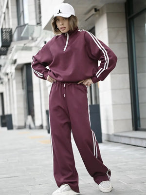 Sweatshirts&Hoodies Striped Sweatpants Loose Long Sleeve Half-zip Collar Hood Sweatshirts&Hoodies Lace Up Sweatpants 2-piece Sets