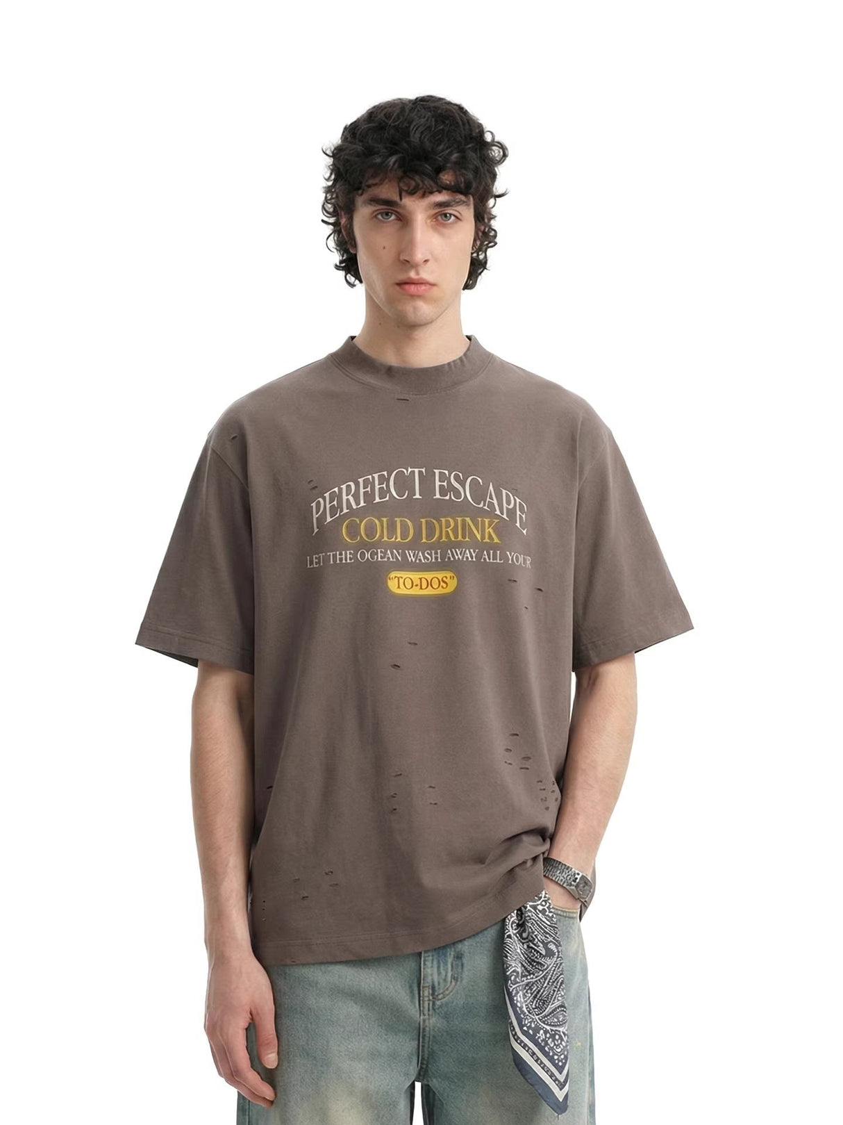 Retro High Collar Cut Up Distressed T-shirts