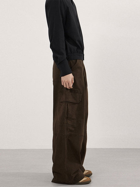 Retro Vintage Multiple Pockets Splicing Pleated Wide-leg Cargo Trousers