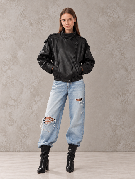 PU Leather Jacket With Long Sleeves For Autumn And Winter