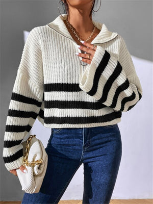 Striped Color Blocking Stand-up Collar Zipper Knitted Sweater