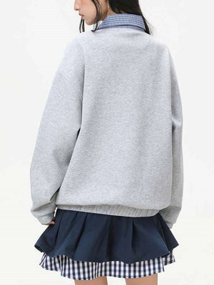 Layered-look Plaid Zipper Loose-fit Sweatshirts&Hoodies