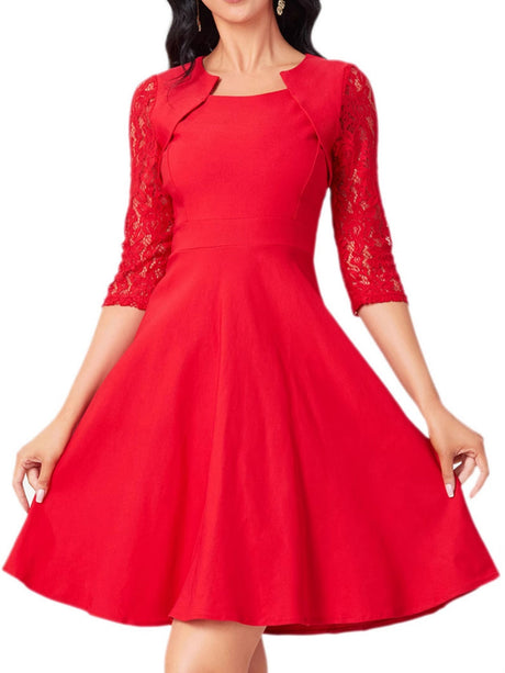 Christmas Square Collar Full Skirt Retro Floral Lace Midi Dresses