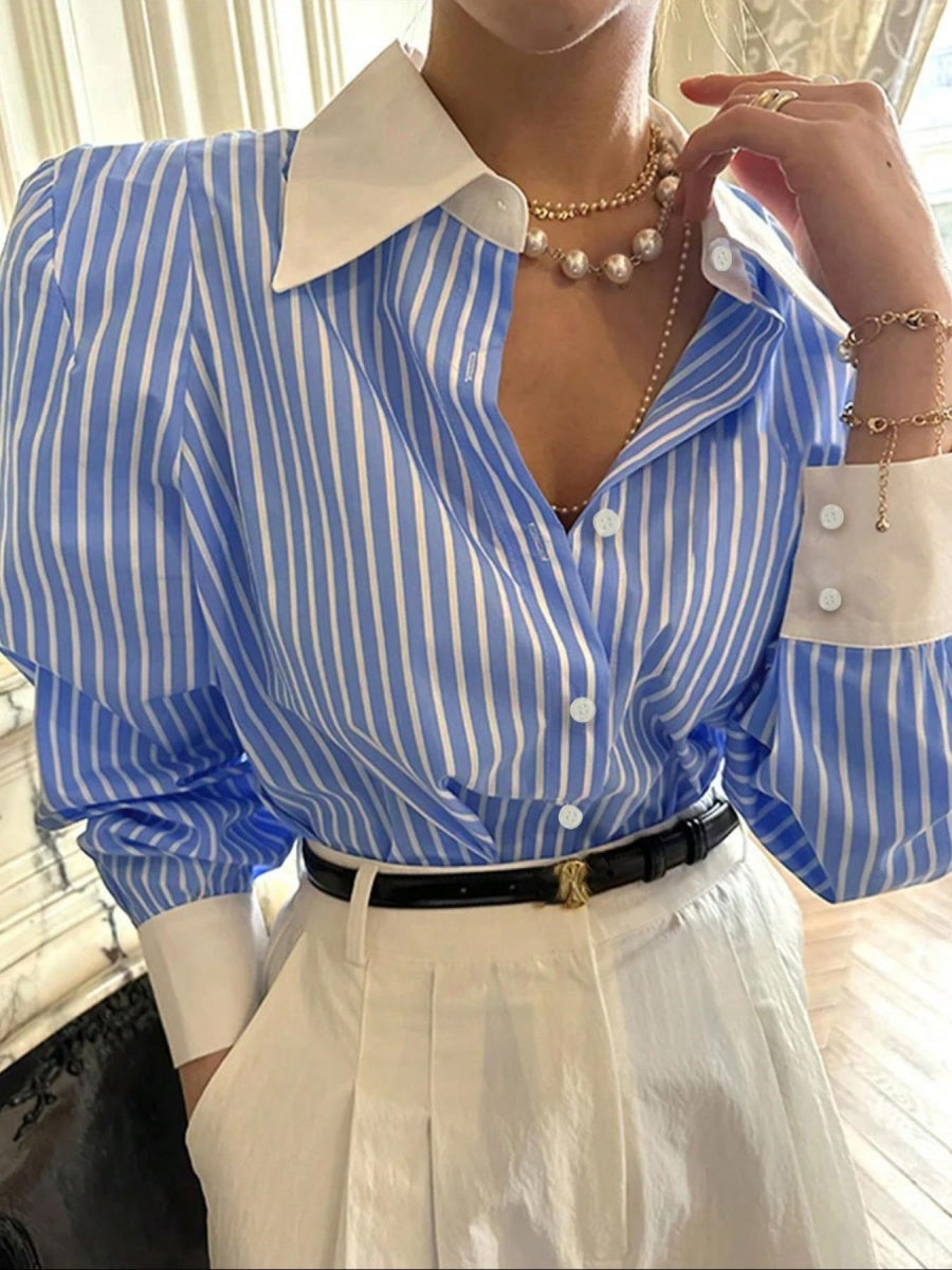 Stripes Loose-fit Lapel Color-blocked Commuting Shirts