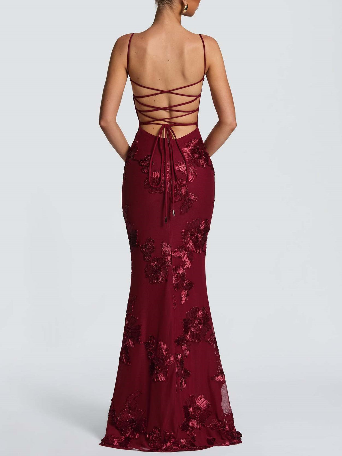 3D Embroidered Backless Cross-Strap Spaghetti Strap Long Dress