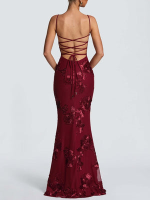3D Embroidered Backless Cross-Strap Spaghetti Strap Long Dress