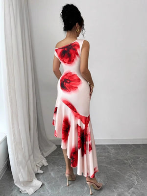Asymmetrical Fitted Hibiscus Floral Print Long Dress