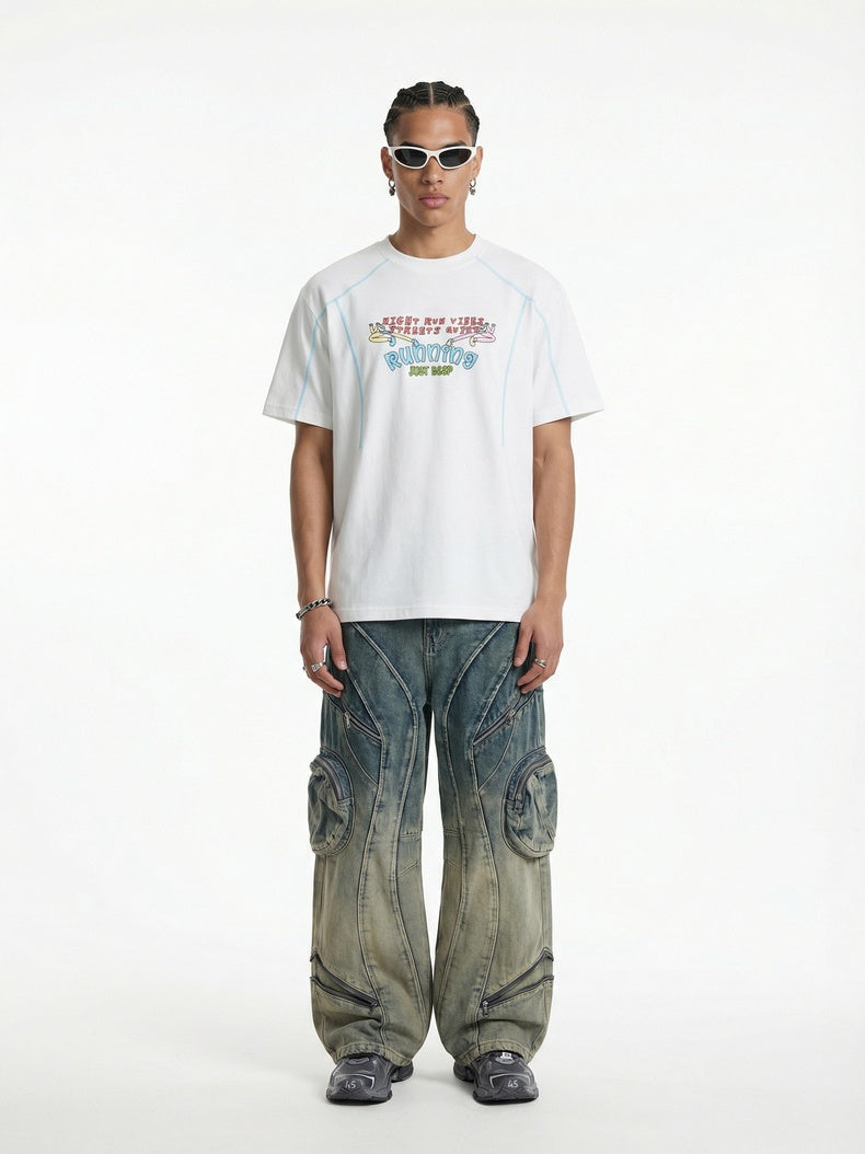 Suede Imitation Embroidery Printed Color-blocked T-shirts