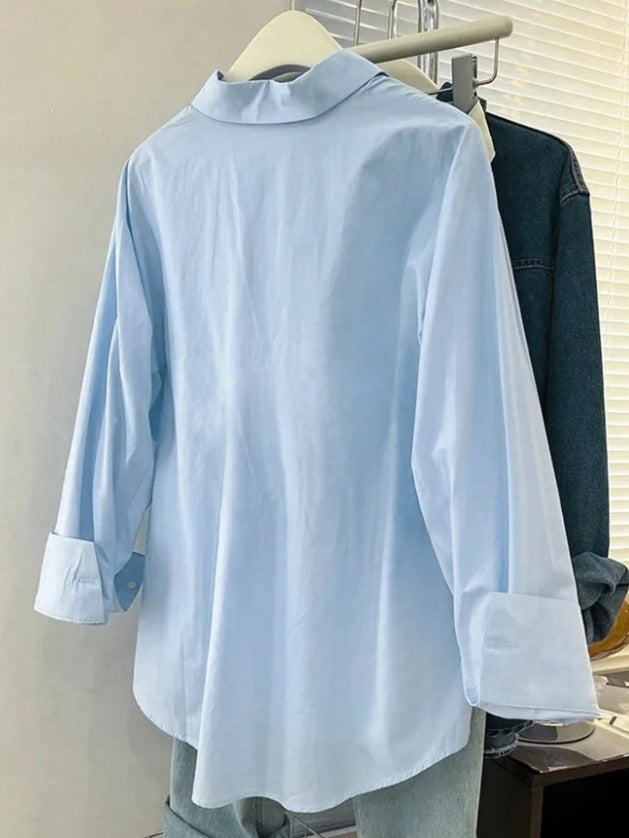 Asian Korean Style New Loose-fitting Summer Long-sleeved Pocket Shirt