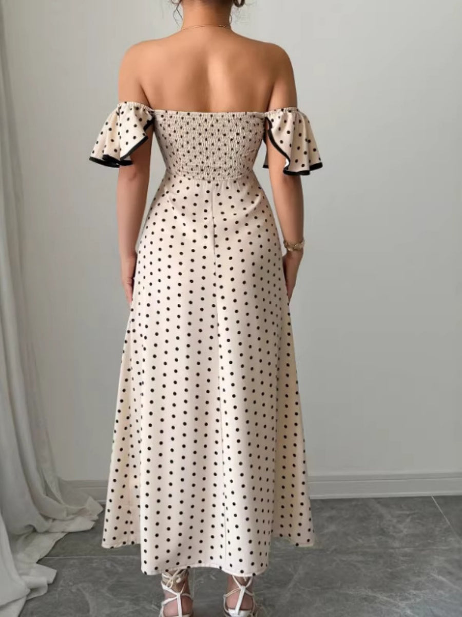 Apricot-colored Fitted Waist V-neck Off-shoulder Polka Dot Flutter Sleeve Long Dress
