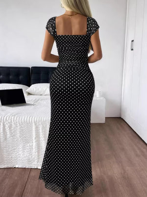 Polka Dot Ruched Mesh Fishtail Maxi Dress