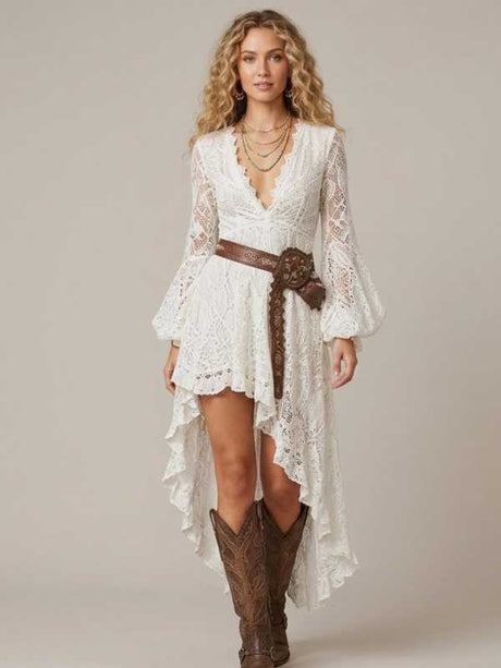 Western-style Music Festival Long Dress With Irregular Lace Trim