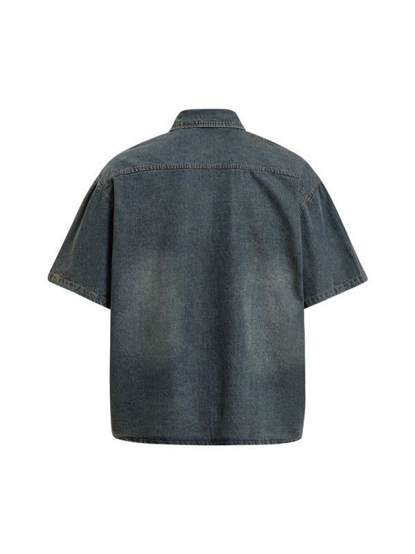 Distressed Edge Grinding Badge Denim Shirts