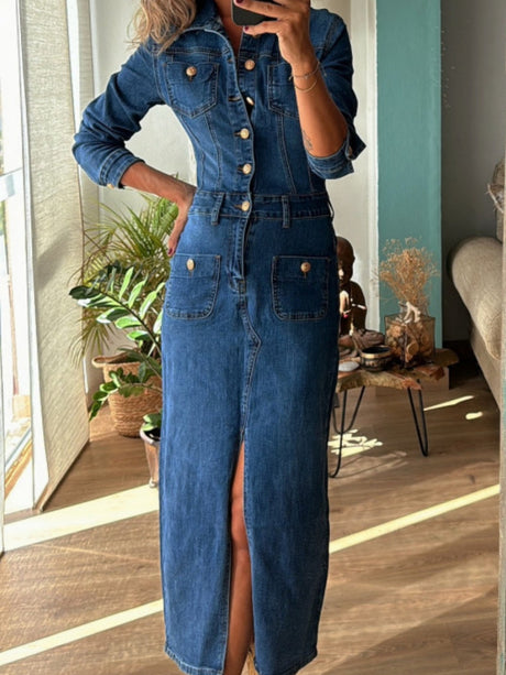 Lapel Buttons Pocket Slit Long Denim Dress