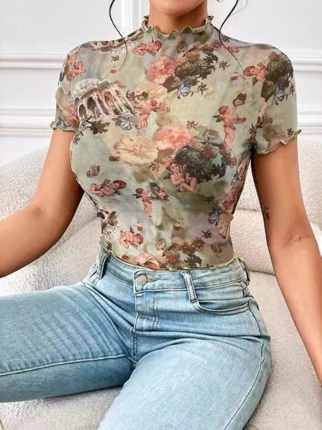 Printed Short Sleeve Mesh Sheer Tops