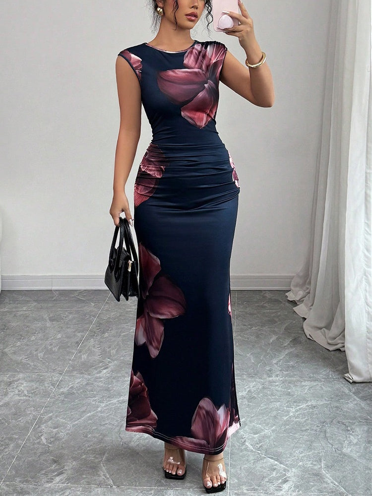 Floral Printed Sleeveless Hip Maxi Dresses