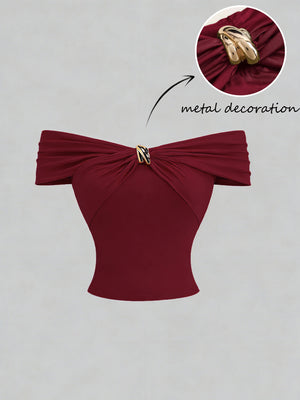 Off-the-shoulder Fitted Top With Metallic Embellishments