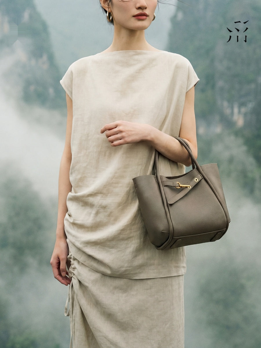 Straightforward Small Rice Basket, Vegetable Tanned Top Grain Cowhide Leather Commuter Summer Handbag, Water Bucket, Women's Tote Bag