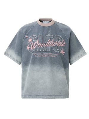 Patches Embroidery Gradient Personality Denim T-shirt
