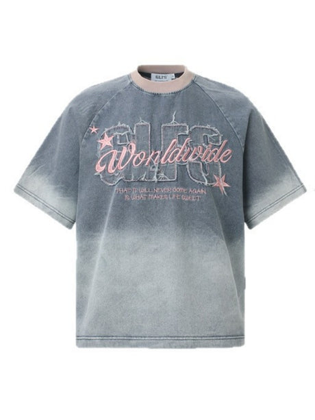 Patches Embroidery Gradient Personality Denim T-shirt